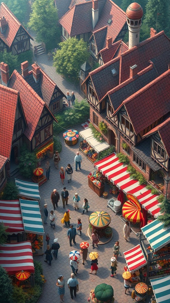 Medieval village carnival with Disney characters in 3D.