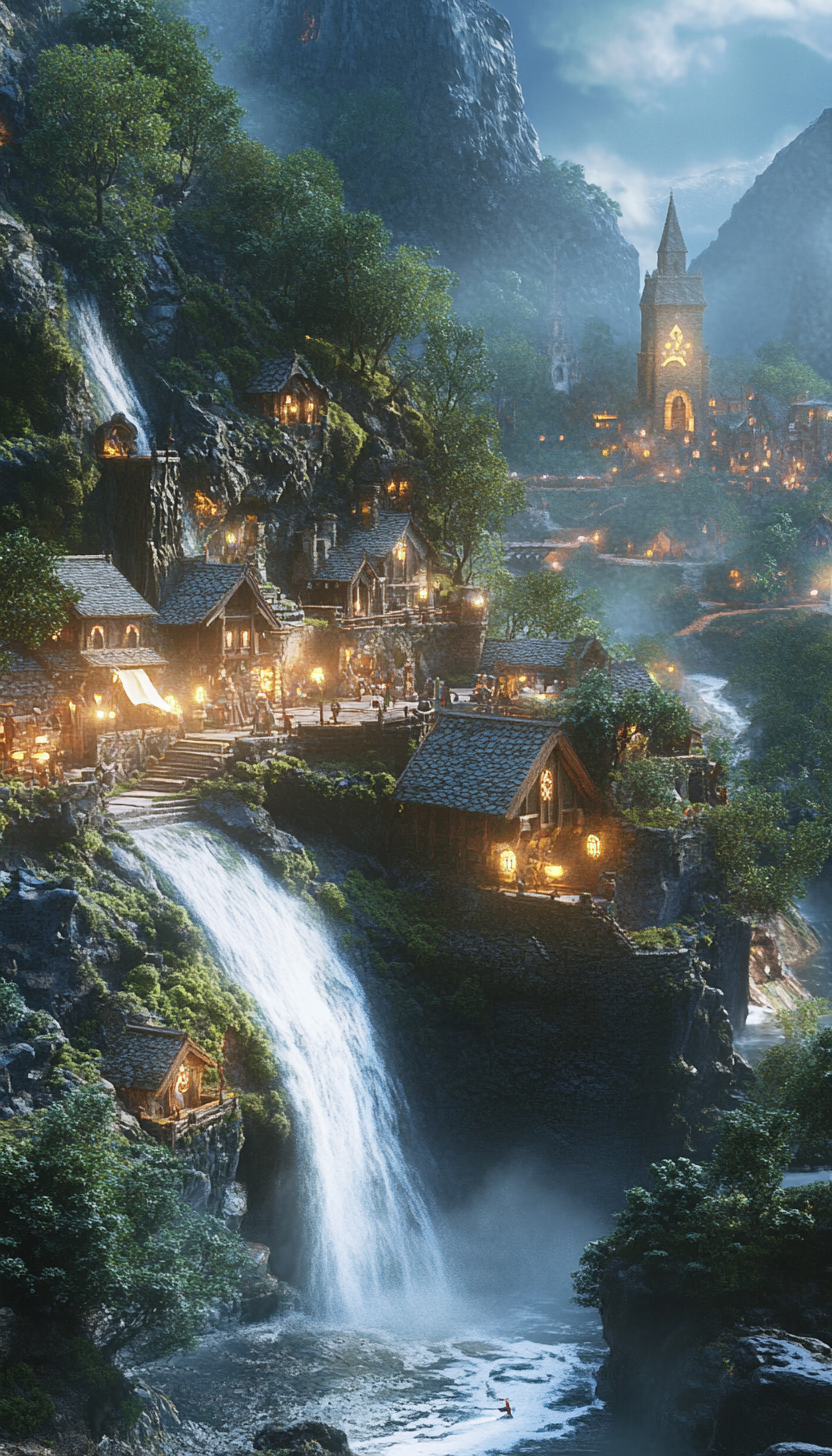 Medieval village near magical waterfall in enchanted valley.