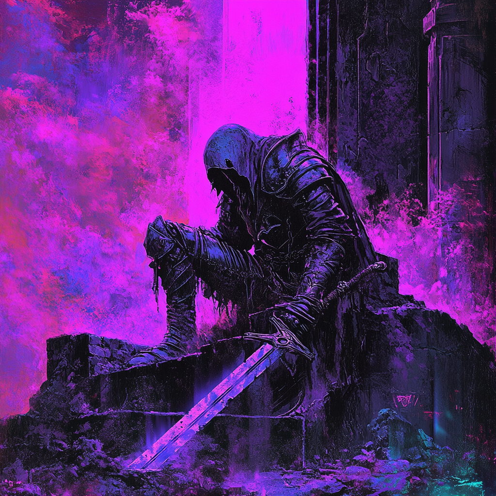 Medieval warrior hologram in neon purple castle