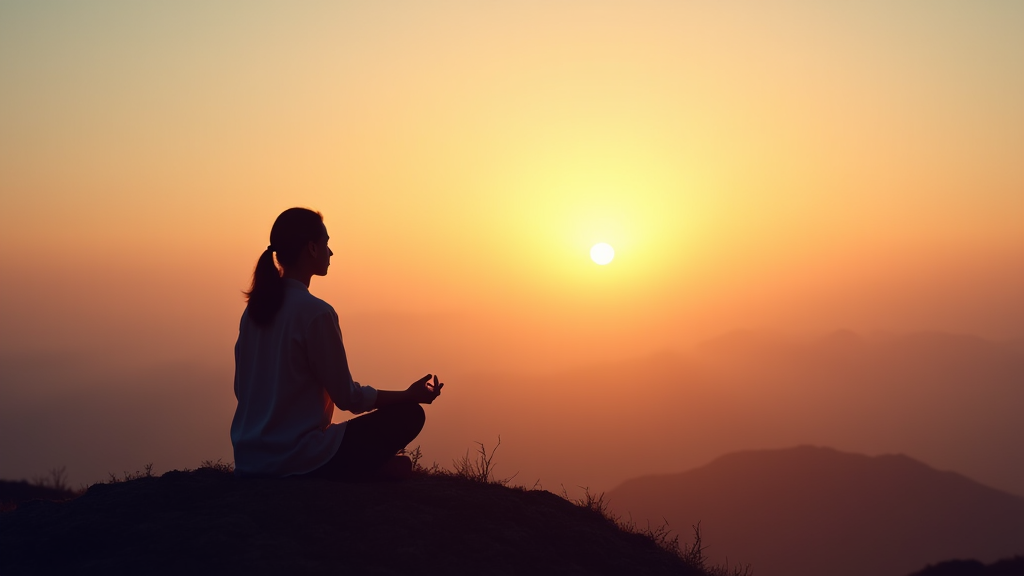 Meditating peacefully on hilltop at sunset, finding calm.