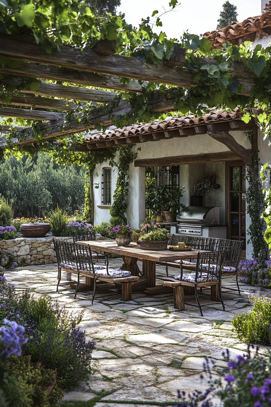 Mediterranean terrace with lush plants, rustic furniture, stone pathways.