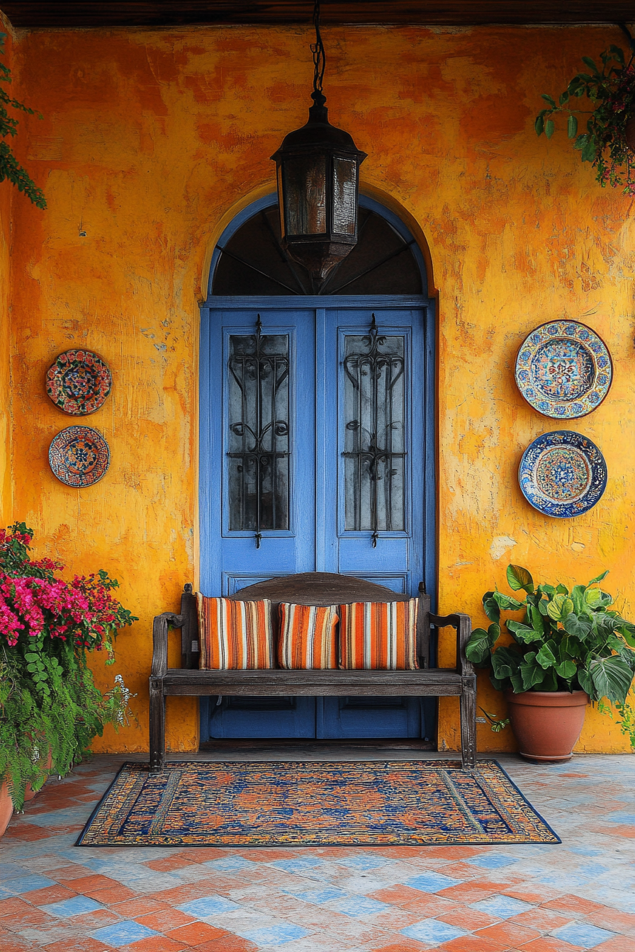 Mediterranean-themed room with vibrant walls and traditional decor.