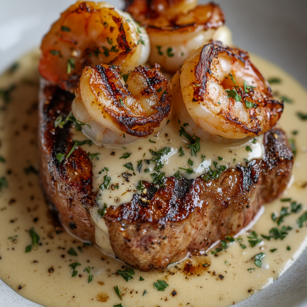 Medium-rare steak with grilled shrimp in garlic sauce.