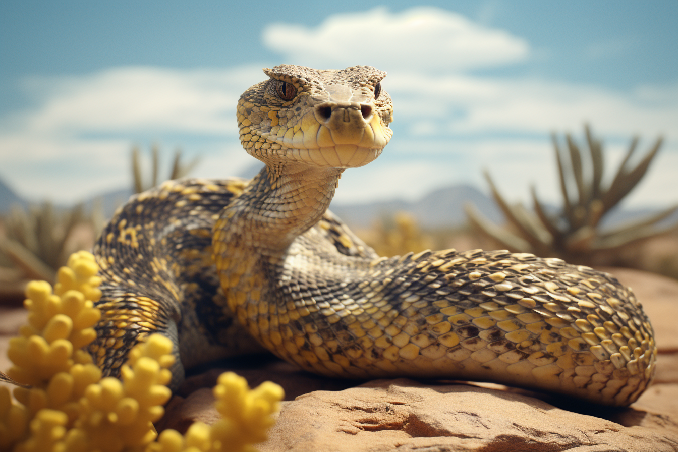 Medium shot of a realistic rattlesnake in desert landscape.