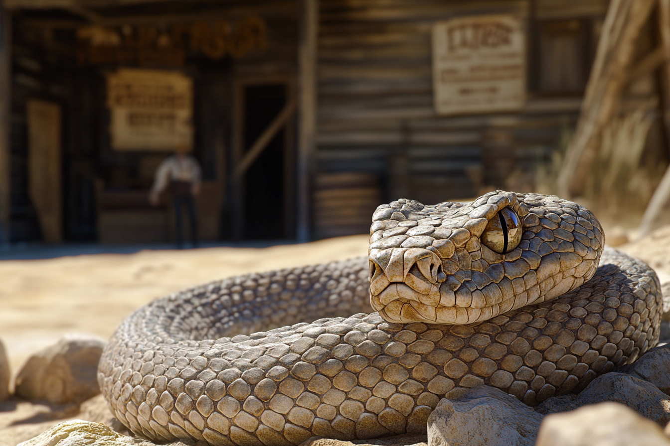 Medium shot of copperhead viper coiled in desert.