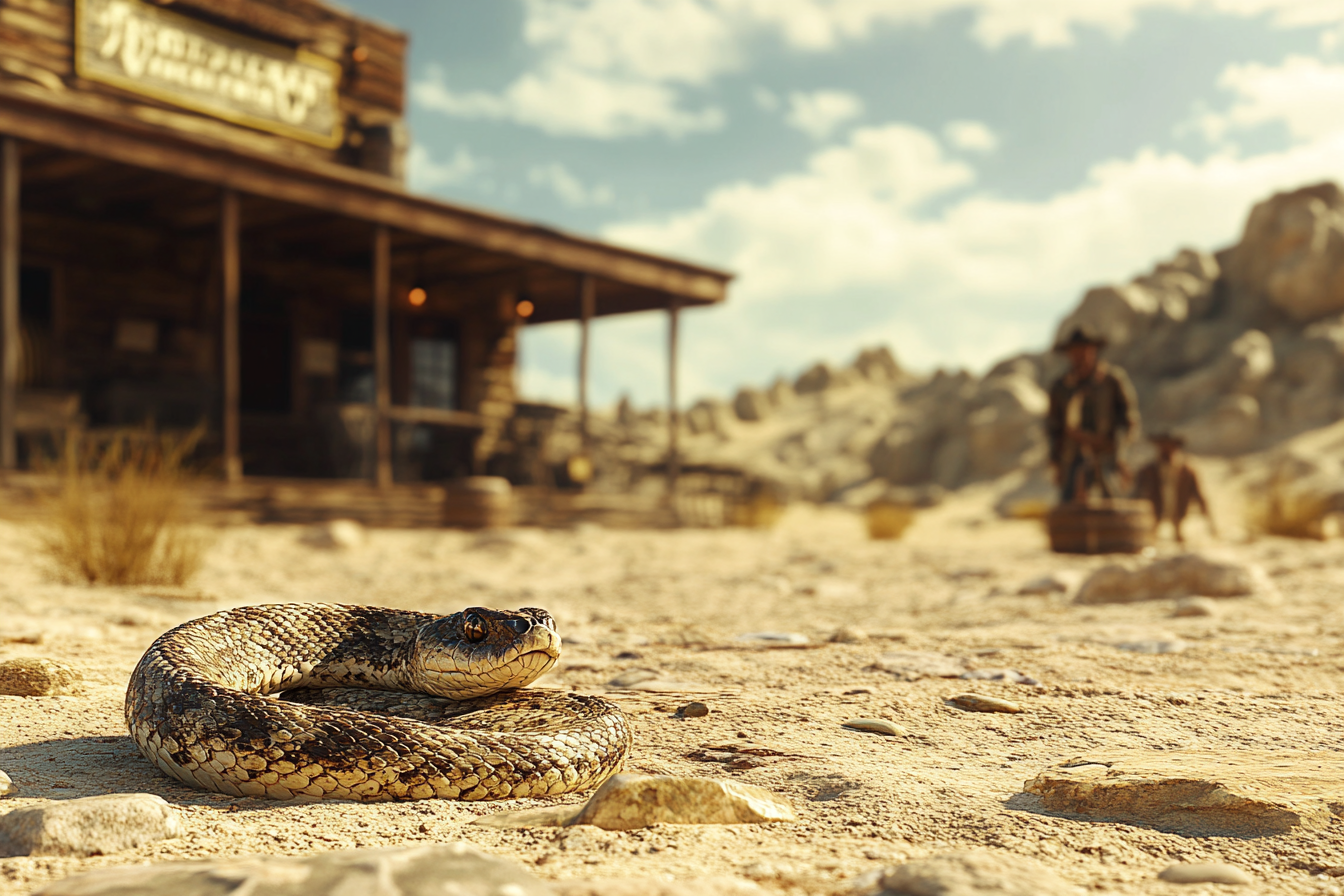 Medium shot of rattlesnake in Texas desert, spooky saloon.