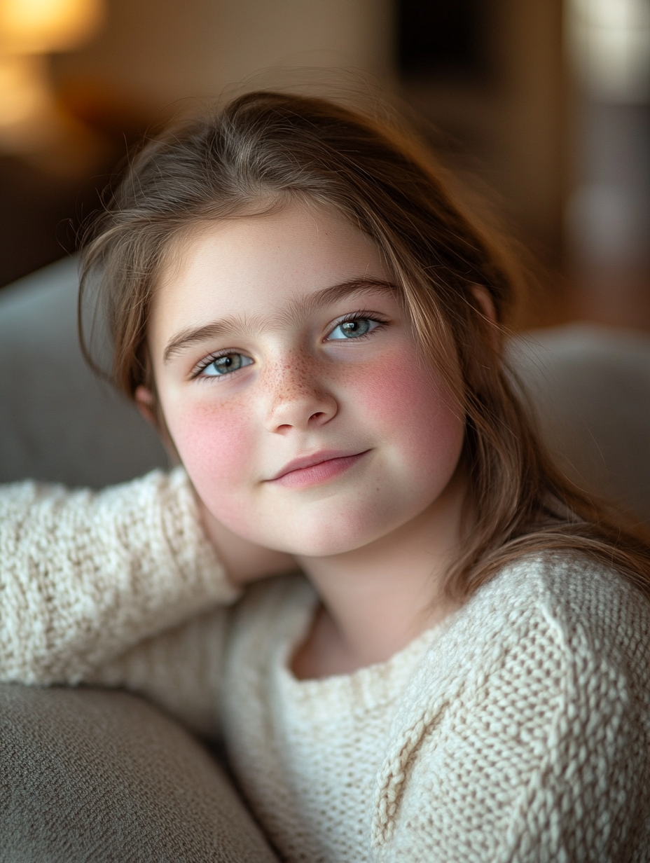 Medium shot portrait of chubby 12-year-old girl indoors.