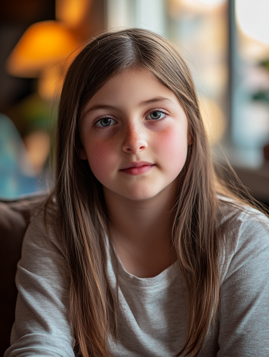 Medium shot portrait of chubby 12-year-old girl.