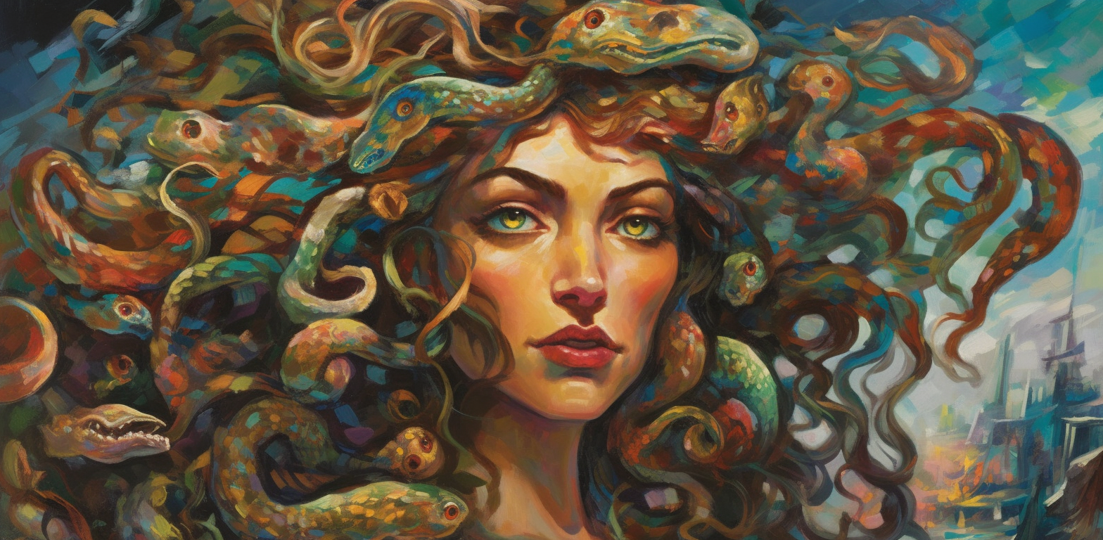 Medusa painting in Zao Wou-Ki style with jewels.