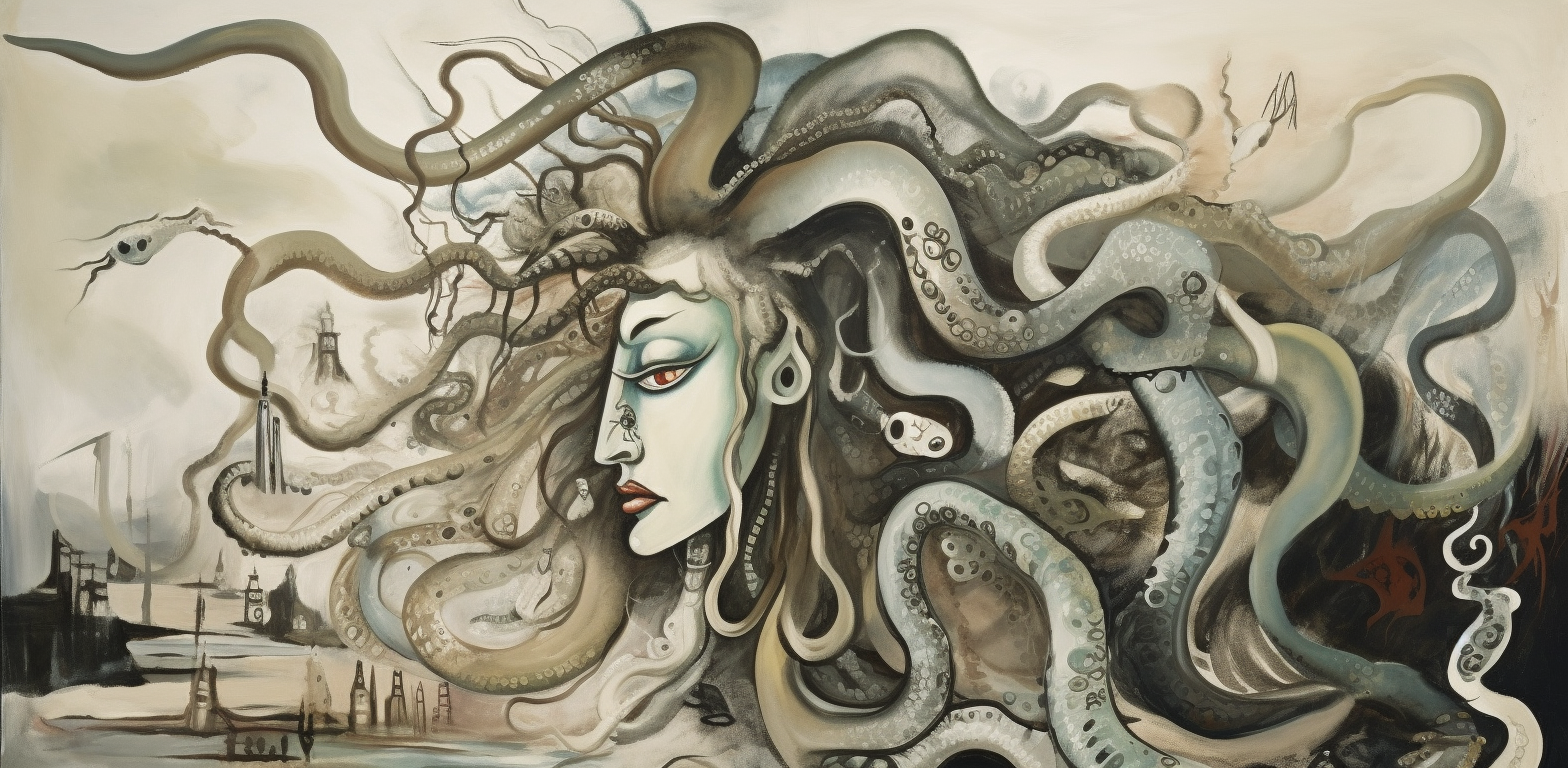 Medusa painting inspired by Yves Tanguy's abstract expressionism.