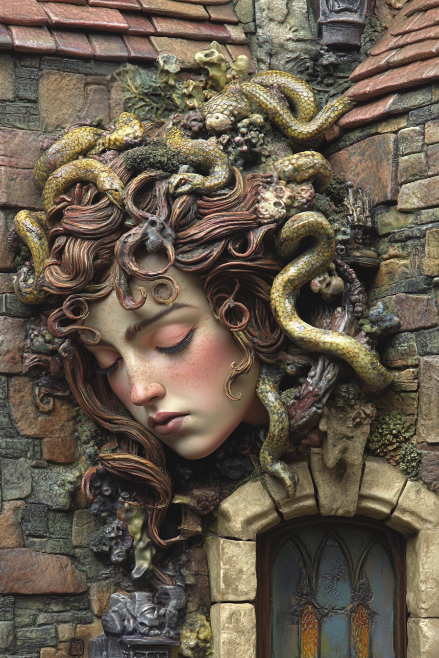 Medusa with snake hair in garden, surrounded by statues.