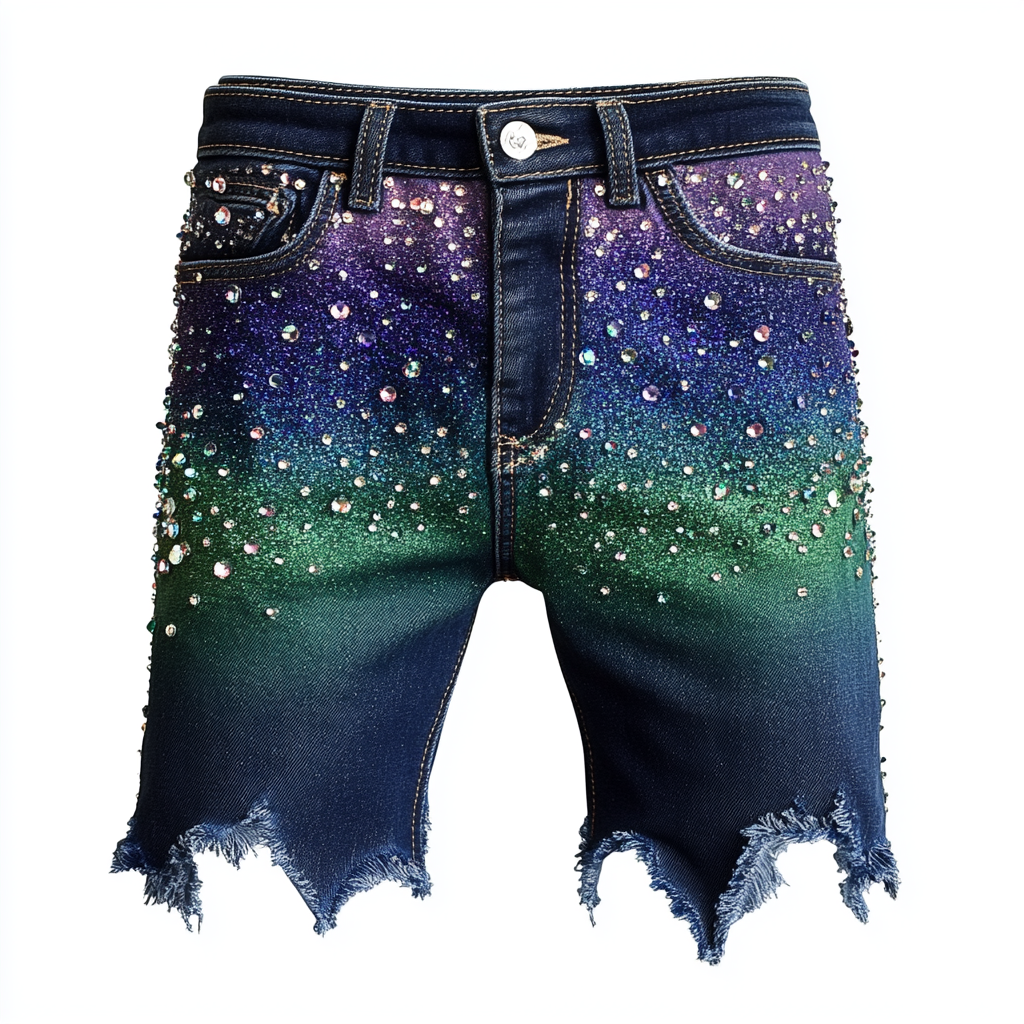 Men's Dark Blue Frayed Jean Shorts with Ombre Rhinestones. 