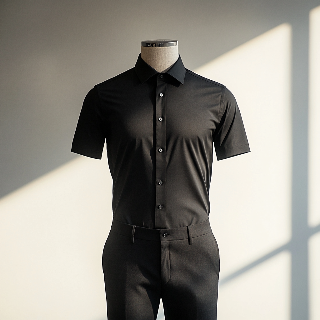 Men's black shirt on mannequin, sleek design, premium craftsmanship.