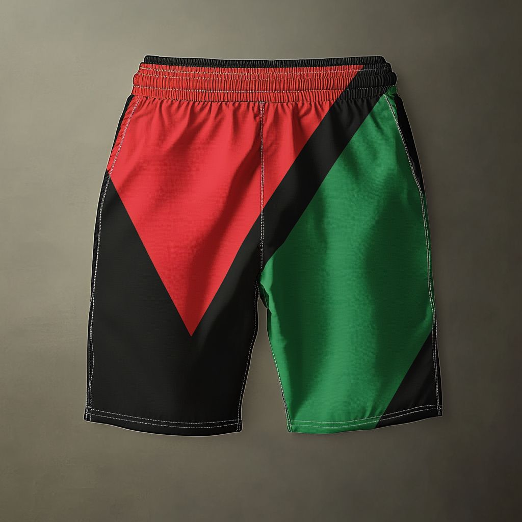 Men's swim short with flag design: red, green, black.