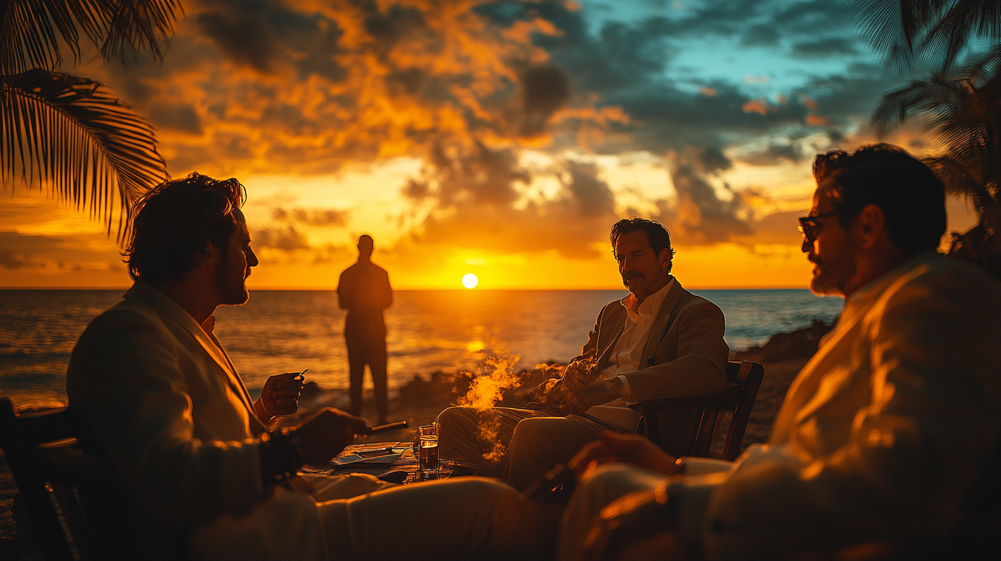 Men Socializing at Beach with Cigars during Sunset