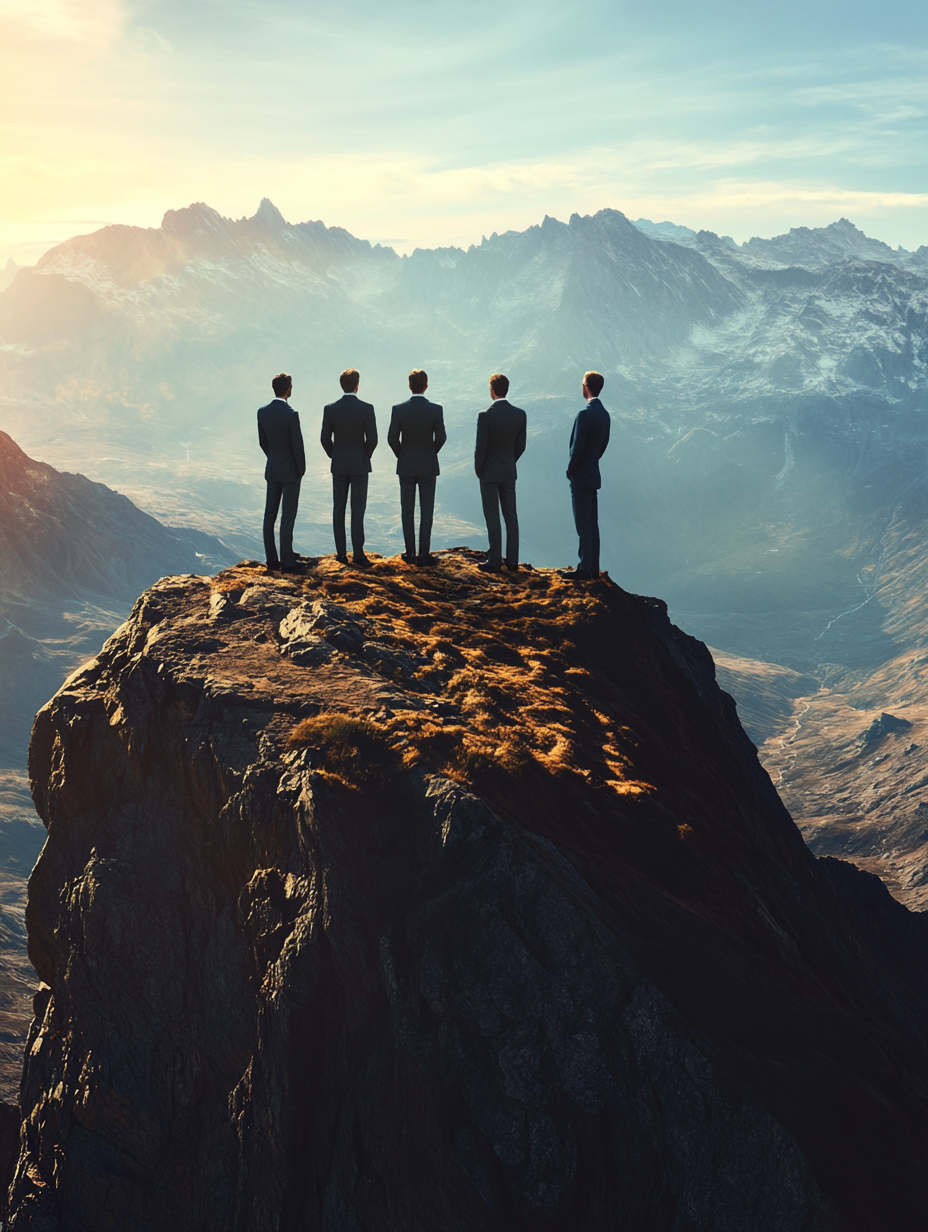 Men and women in suits on mountain admiring nature.