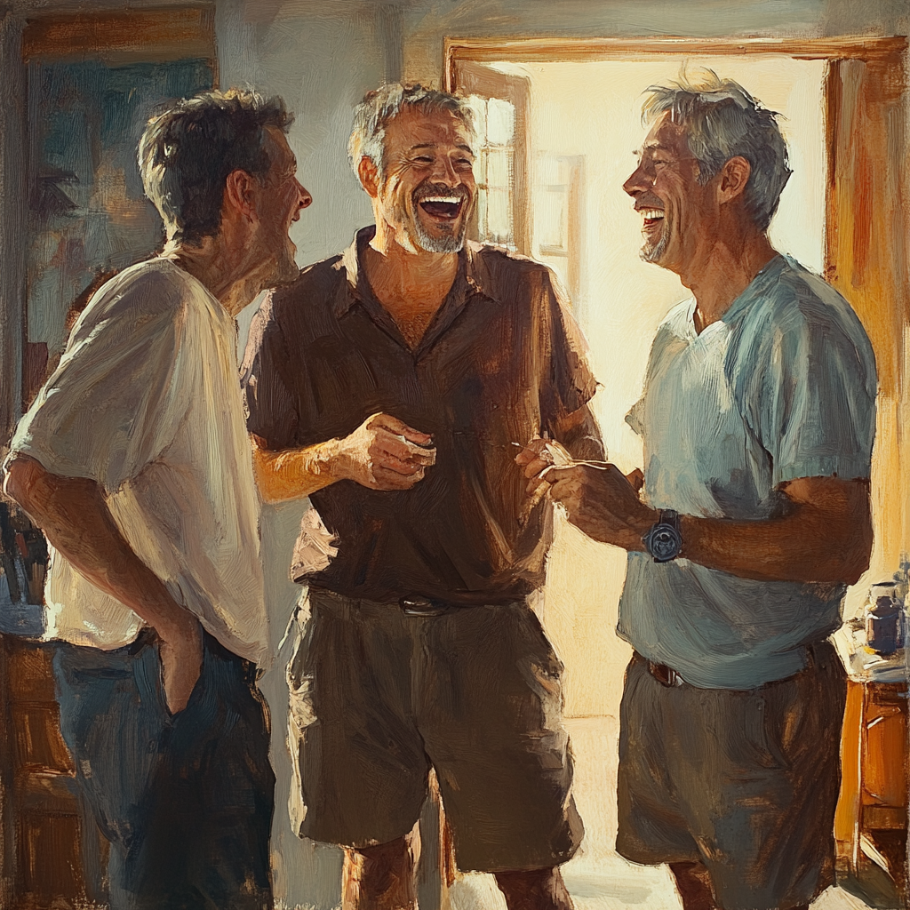 Men apply talc and chat, creating humorous scene.