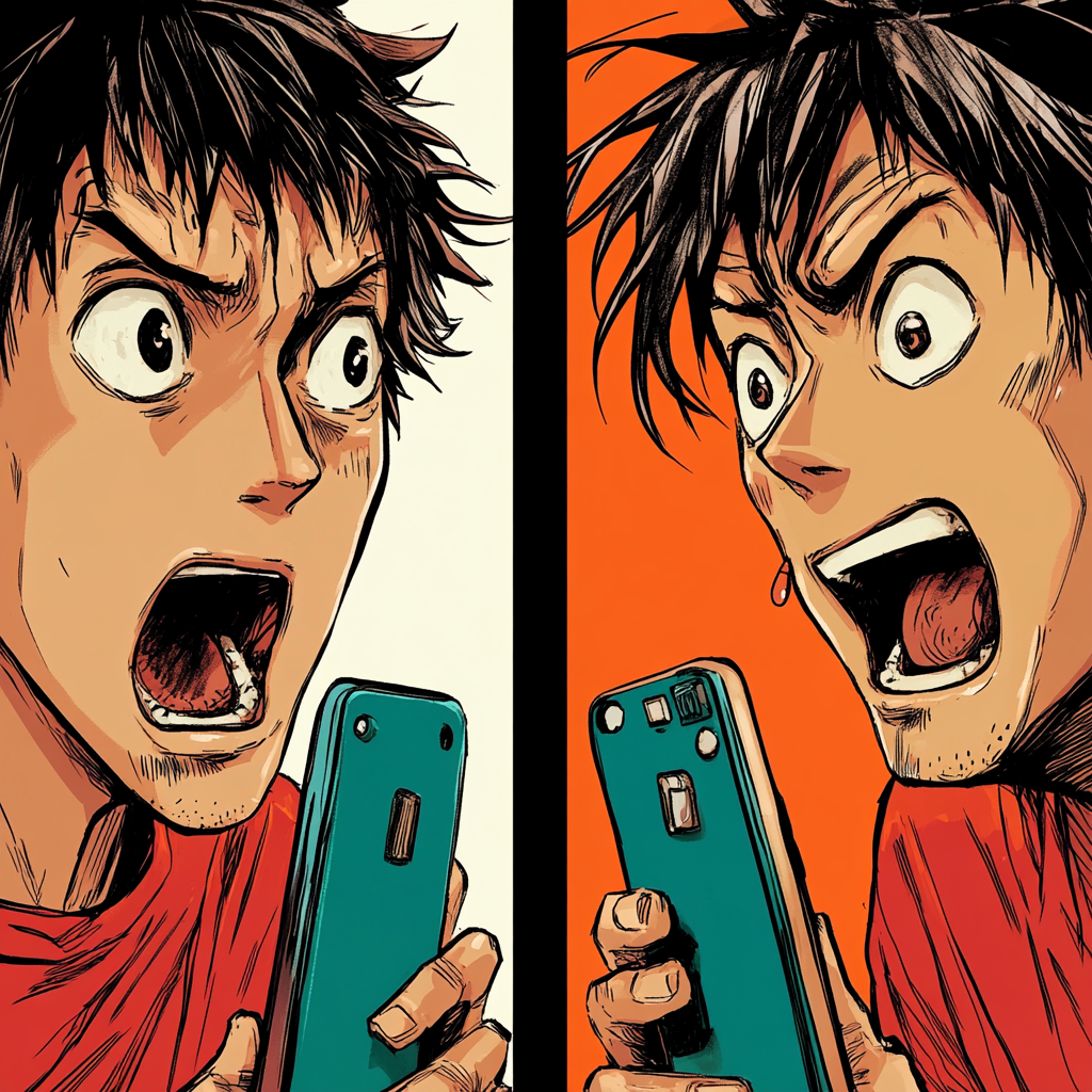 Men chat on phones in colorful manga drawings