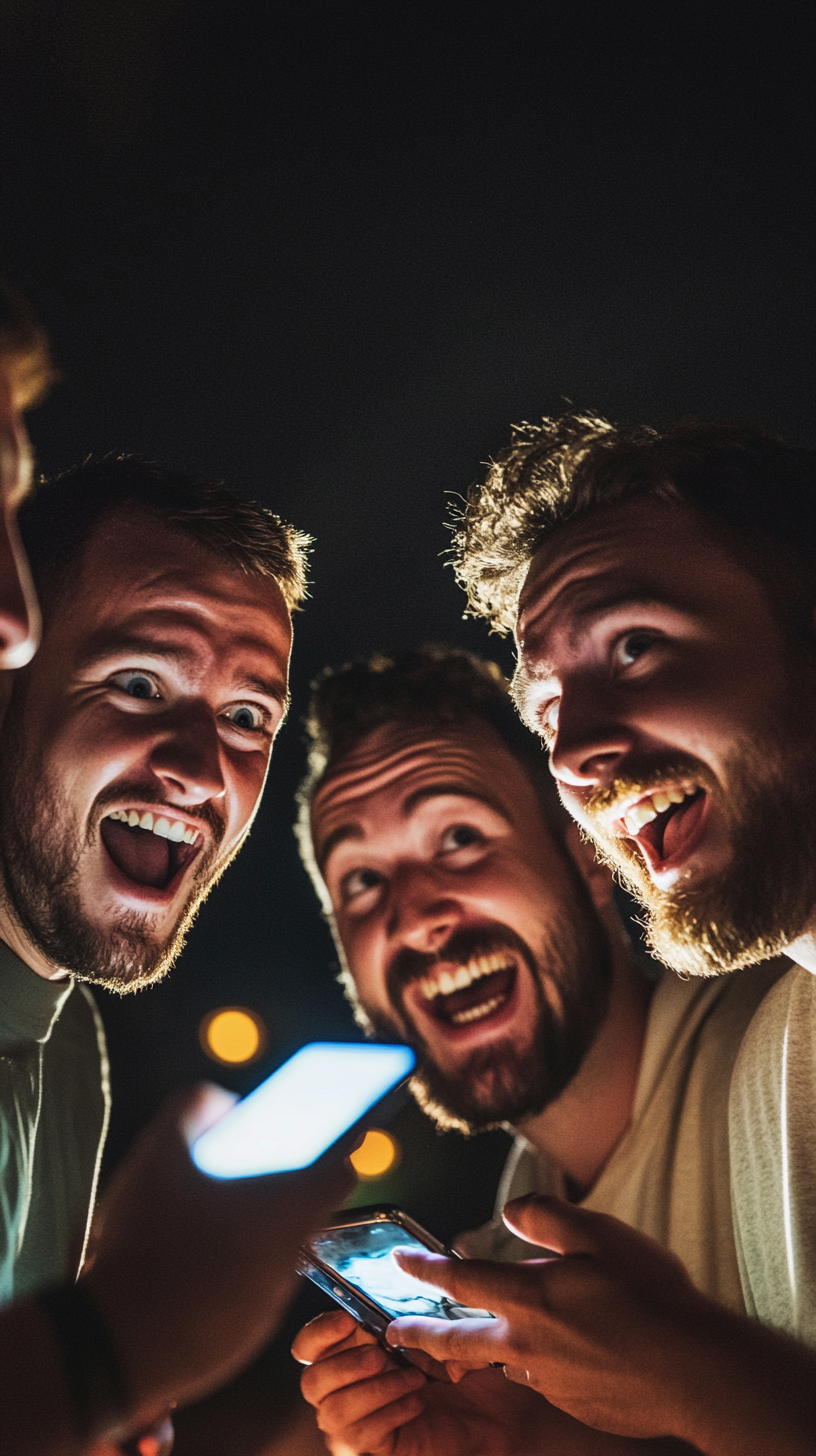 Men happily surprised by phone light.