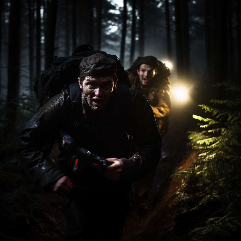 Men in black coats with rifles running in forest.