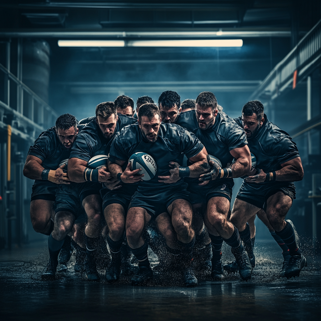 Men in industrial attire scrum in modern office environment.