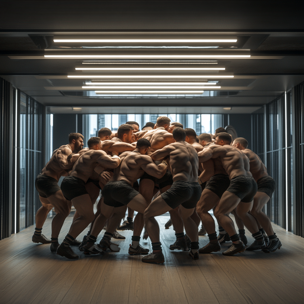 Men in rugged, machine-inspired workwear participate in an office scrum.