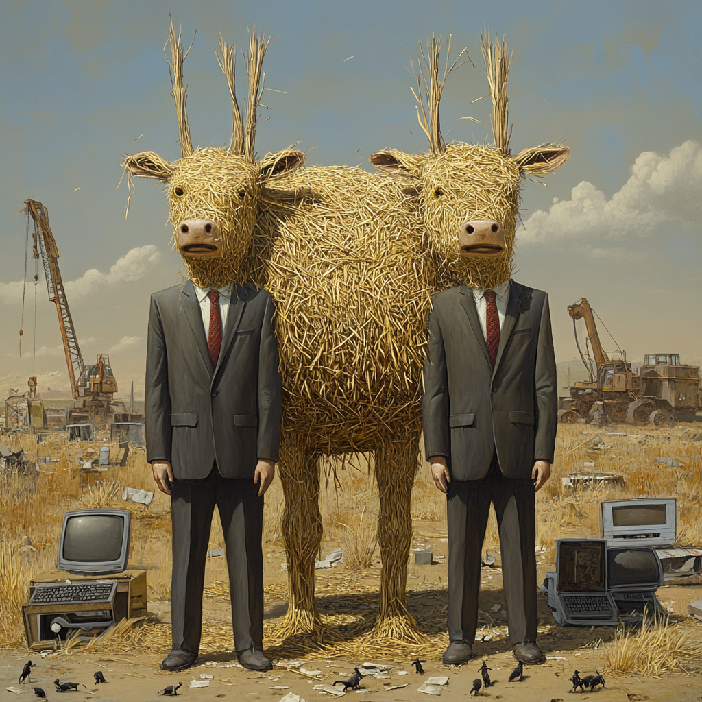 Men in suits with twig heads worship golden calf.