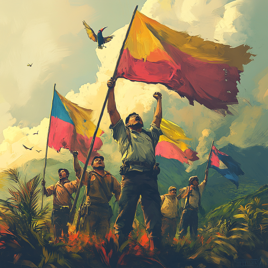 Men with flags shout for freedom in Colombia landscape.