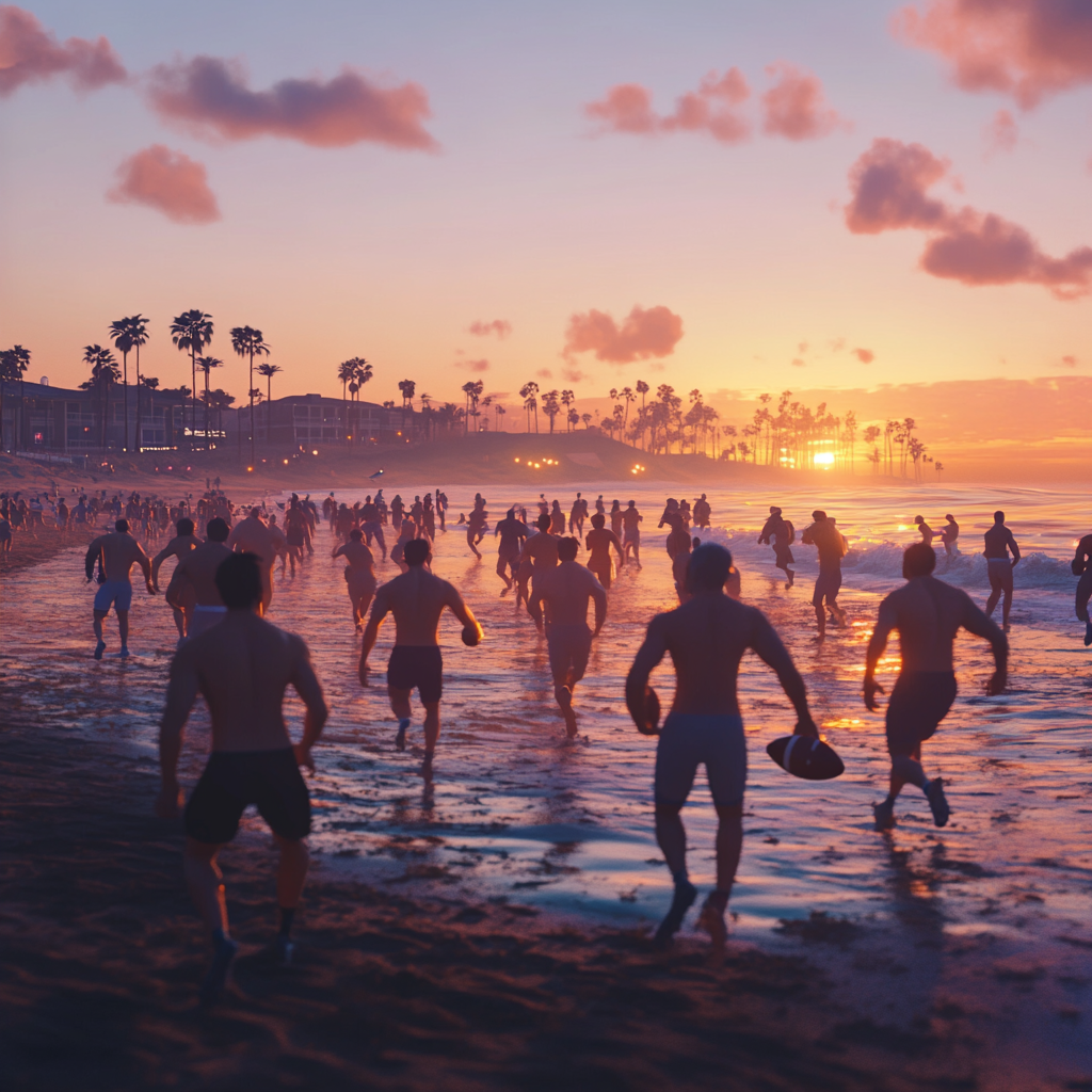 Men women play football on beach, southern California, sunset.