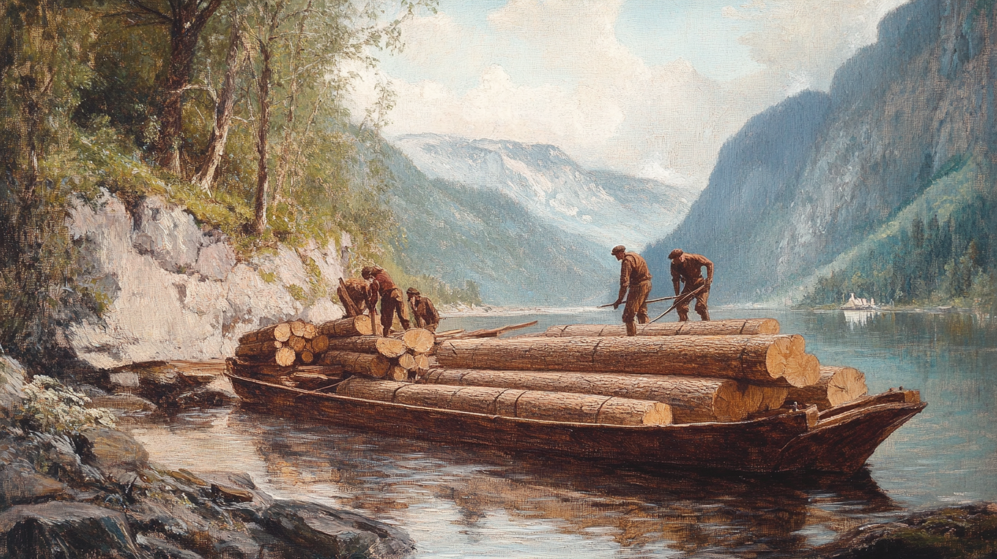 Men working near river, 1800s Norwegian style painting