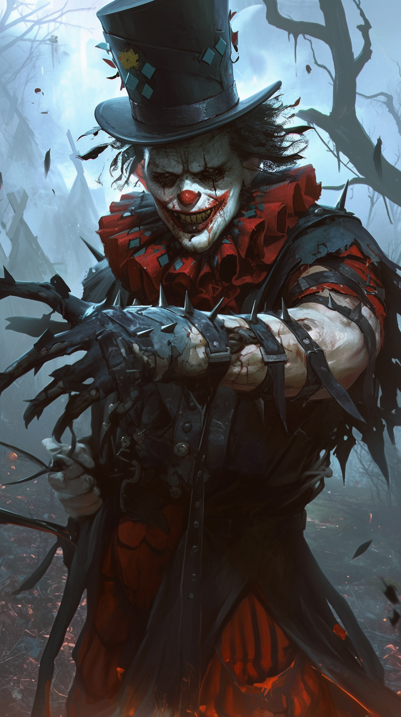 Menacing Clown in Dark, Spooky Forest Illustration