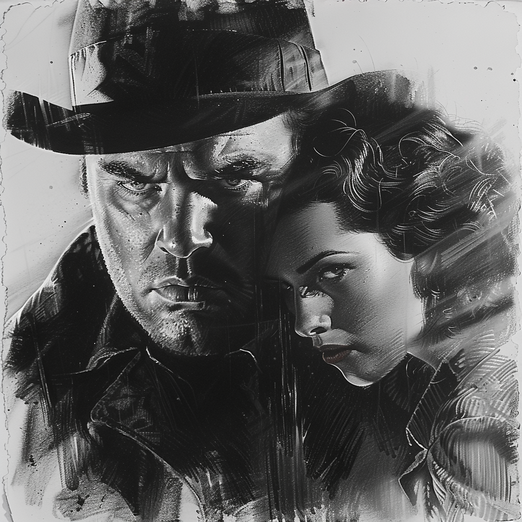 Menacing man in fedora, woman hanging dramatically, black-white.