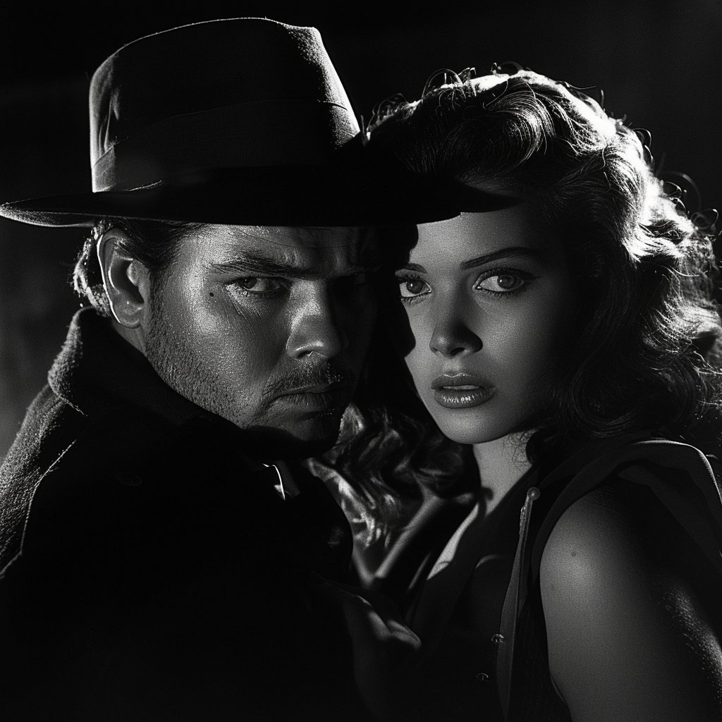 Menacing man in large fedora with woman dramatically.