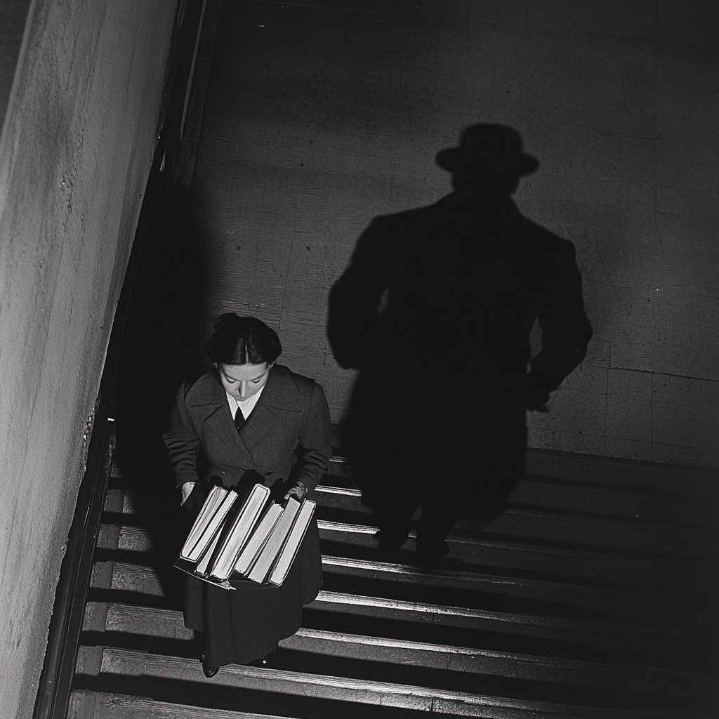 Menacing shadow approaches as woman descends with heavy books.