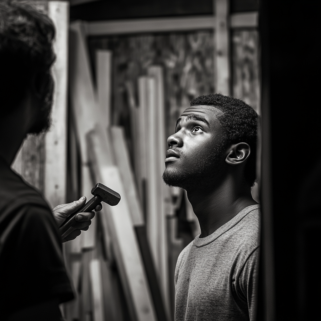 Mentor passing hammer to young man in workshop.