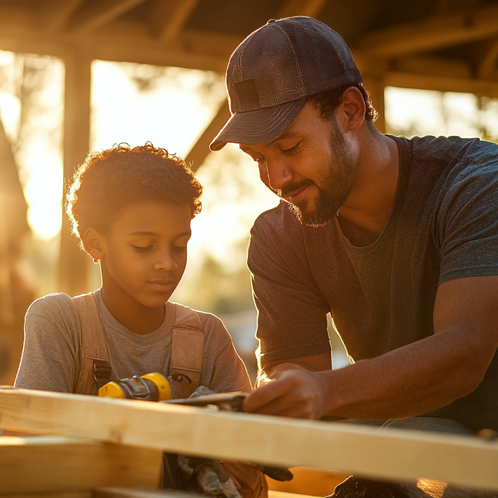 Mentor teaching young man construction, building house frame. Hopeful.