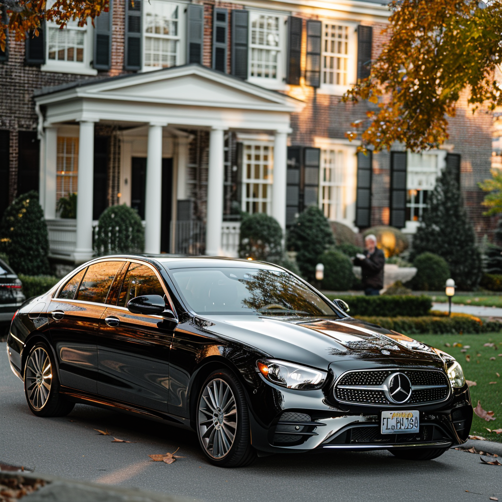 Mercedes E200 in front of mansion, Nikon DX lens.