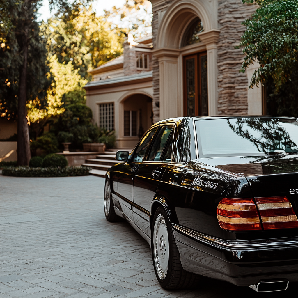 Mercedes E200 in front of mansion, Nikon lens, daylight.