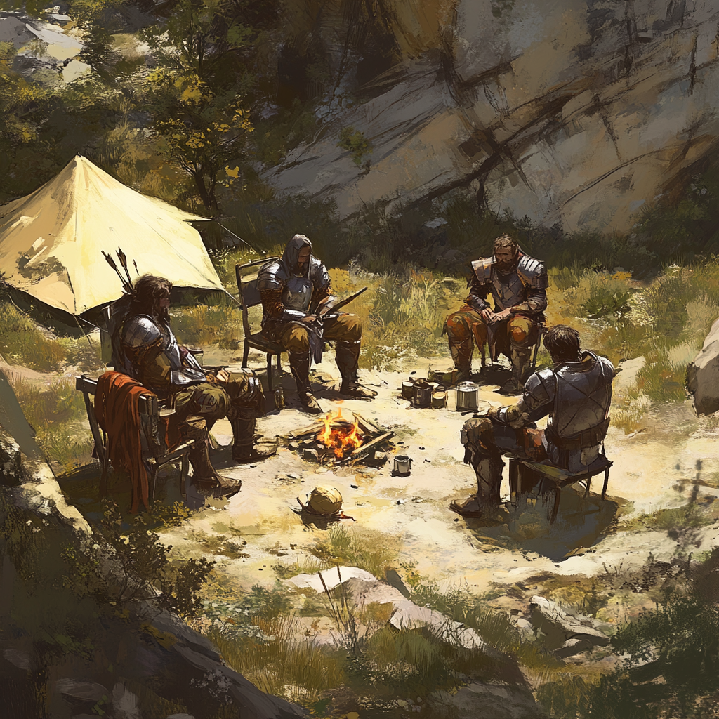 Mercenaries in plate armor at camp with campfire and tents.