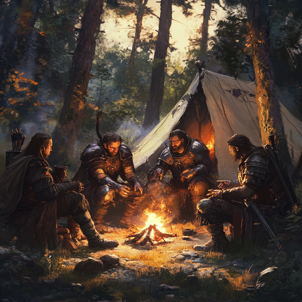 Mercenaries in platemail armor at campfire, plotting ambush.