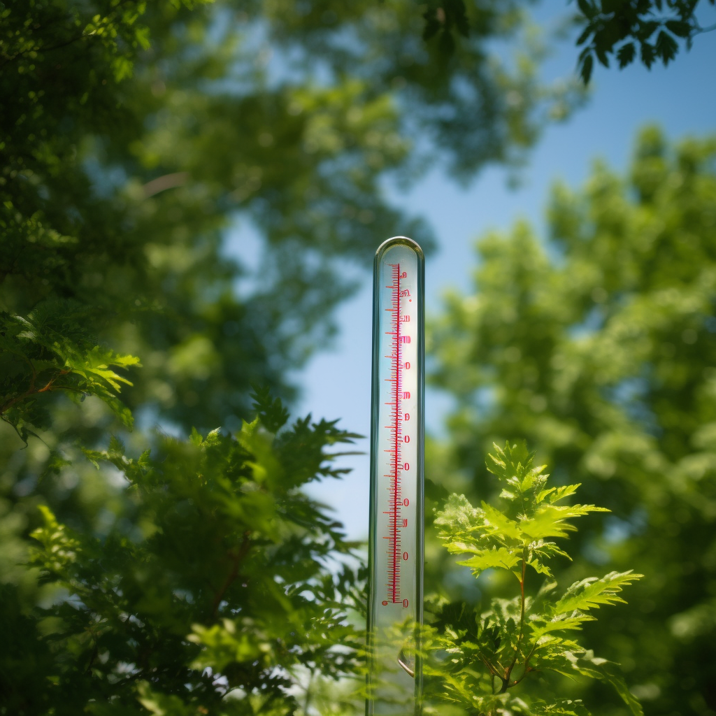 Mercury thermometer showing warm temperature under lush tree