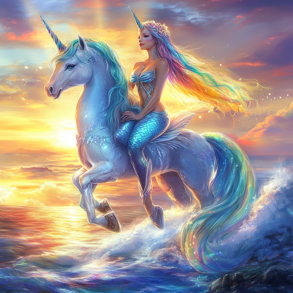 Mermaid with light skin sits on a special blue unicorn