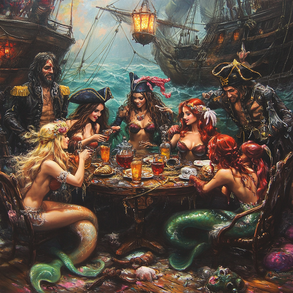 Mermaids give rum to pirates on ghost ship