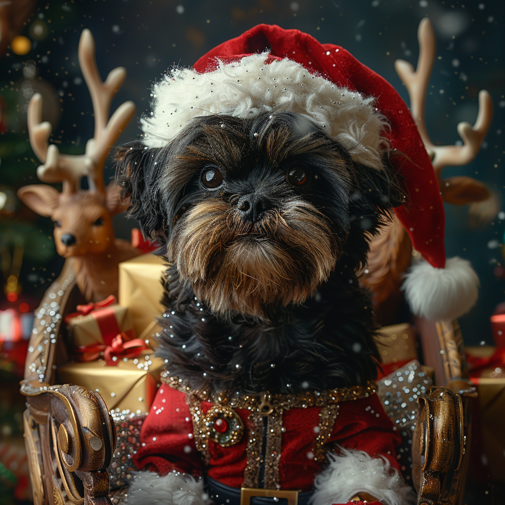 Merry dog in sleigh with gifts under moonlight.