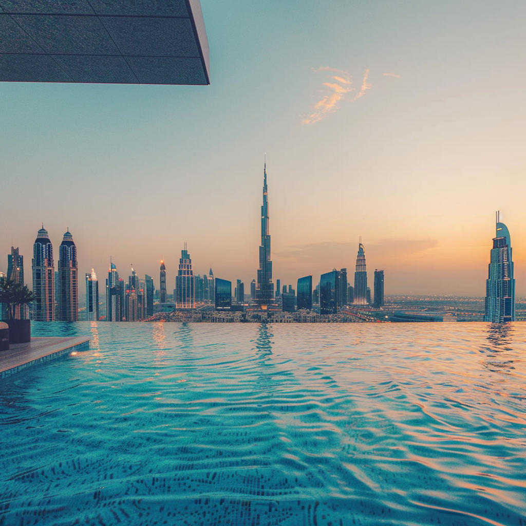 Mesmerizing Dubai skyline viewed from luxurious rooftop pool