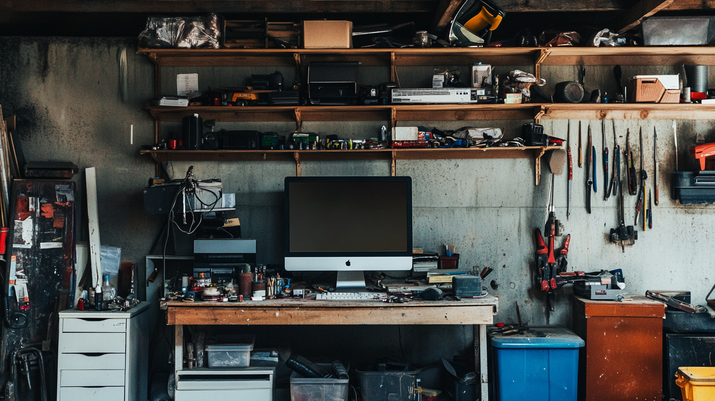 Messy Basement Art Studio with Clutter and Computer