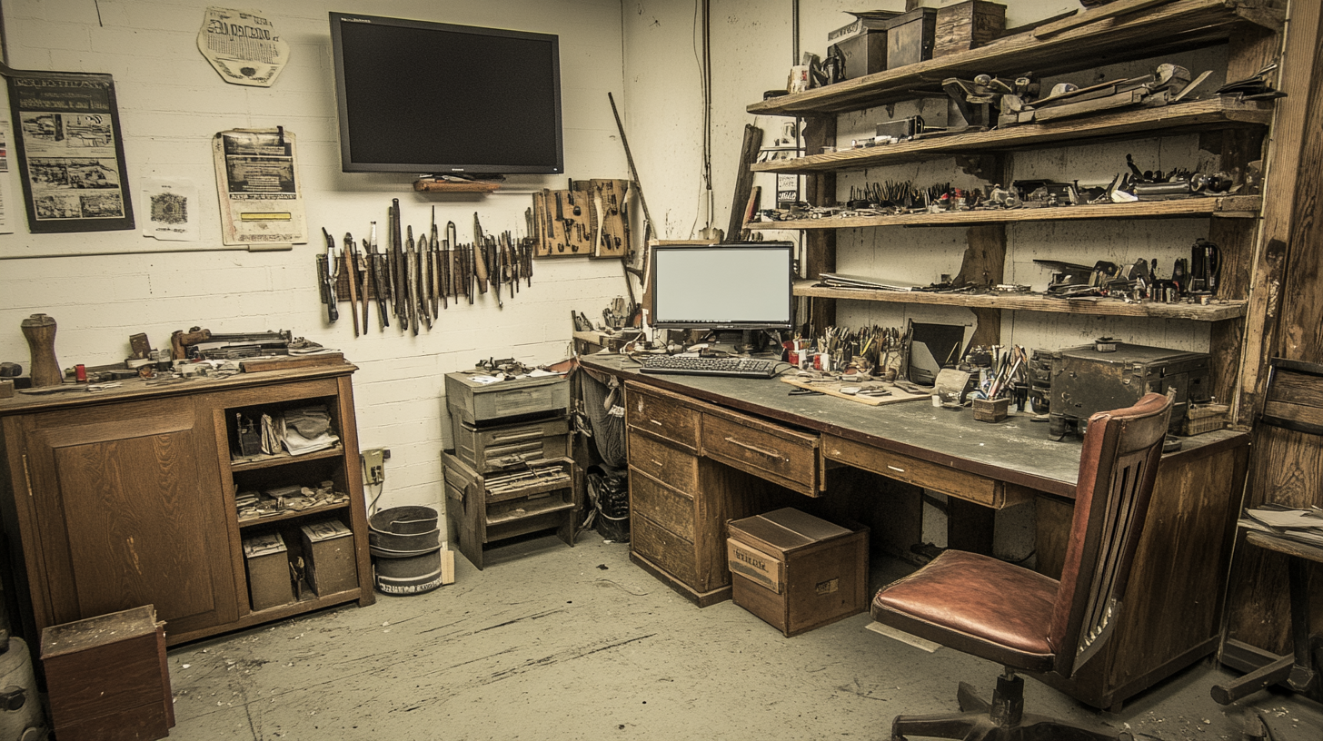 Messy Basement Art Studio with Computer Desk and Clutter