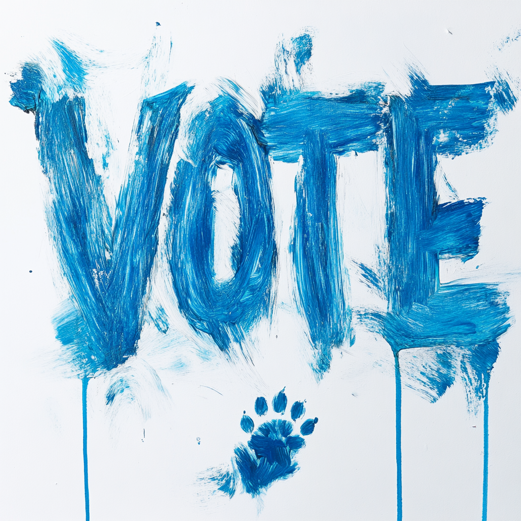 Messy blue VOTE with smudged paw print.