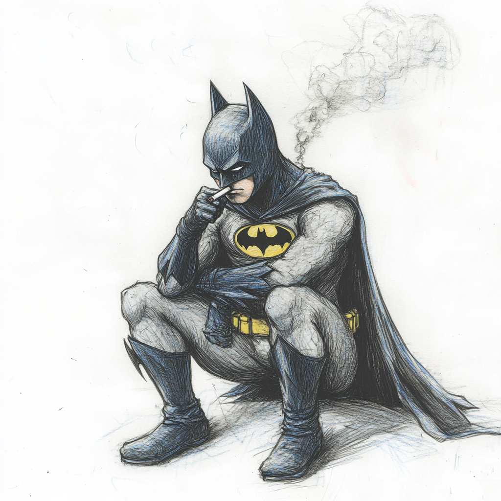 Messy children's drawing of Batman reflecting with cigarette.