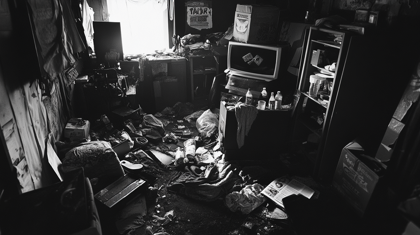 Messy room of gaming teenager with pizza boxes, bottles.